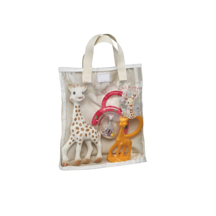 Punga Cadou Din Bumbac cu Girafa Sophie, Zornaitoare si Inel Dentitie